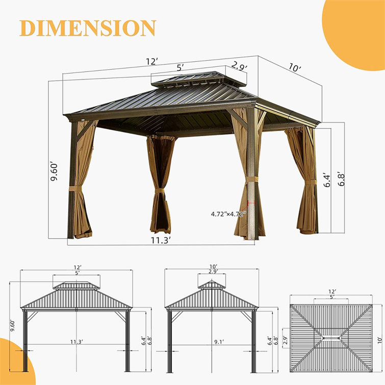 Gray 10' x 12' Aluminum and Steel Patio Gazebo with Curtains