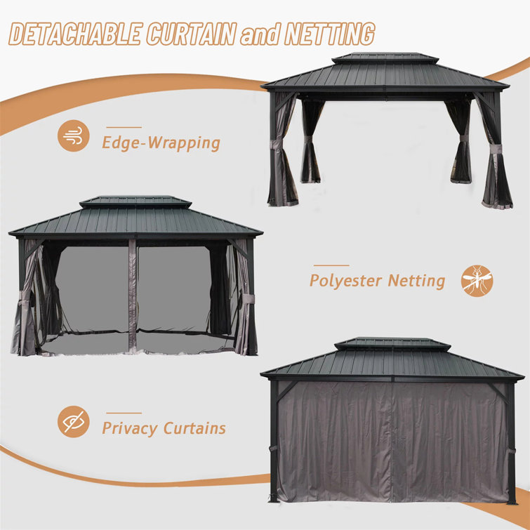 Gray 10' x 12' Aluminum and Steel Patio Gazebo with Curtains
