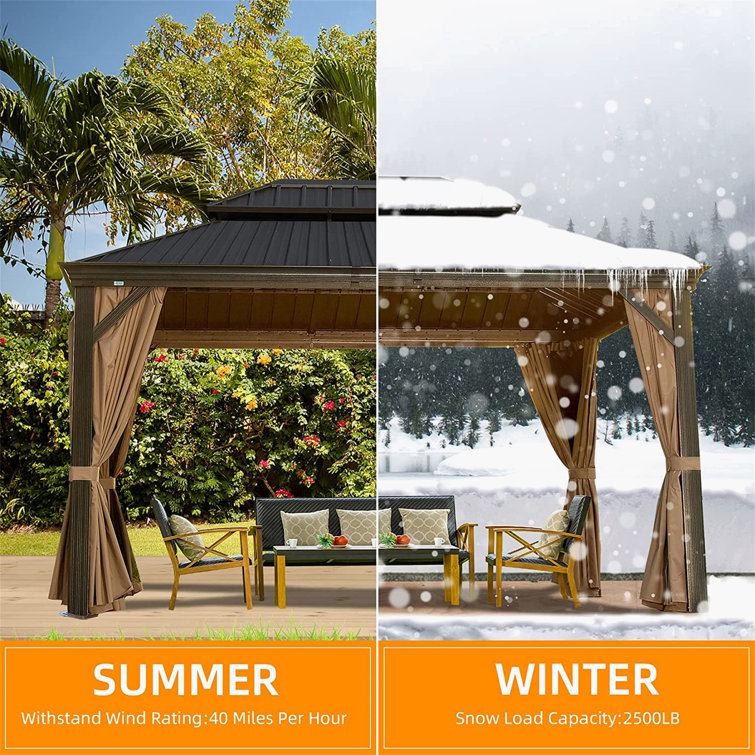Gray 10' x 12' Aluminum and Steel Patio Gazebo with Curtains