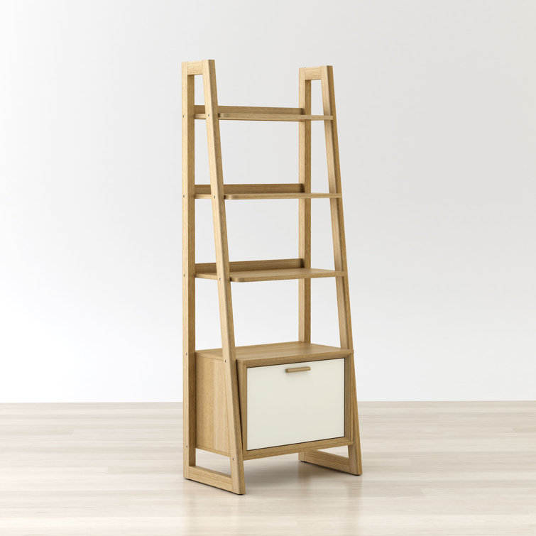 Brown Oak 5-Tier Ladder Bookcase with Storage Compartment