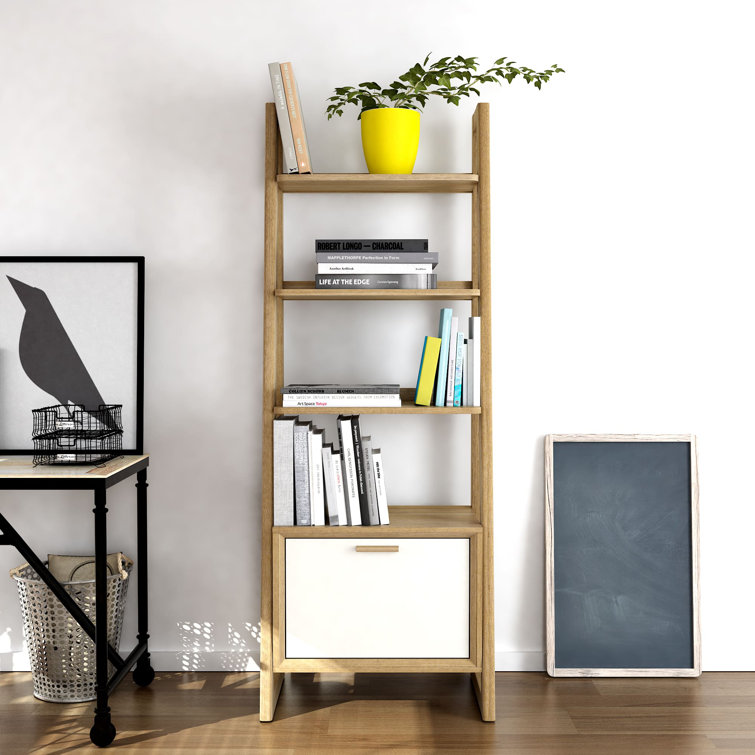 Brown Oak 5-Tier Ladder Bookcase with Storage Compartment