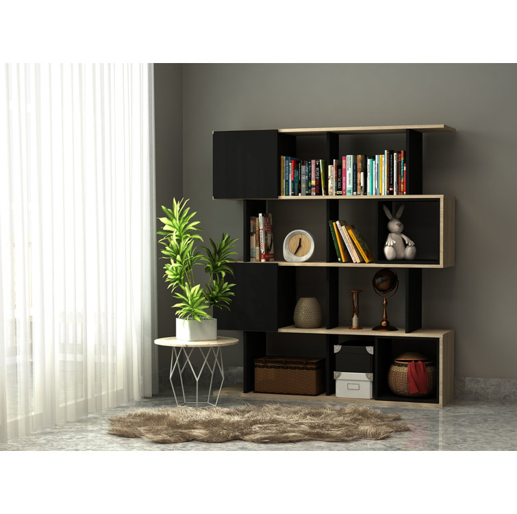 Black and Natural Wood Geometric Bookcase with Doors