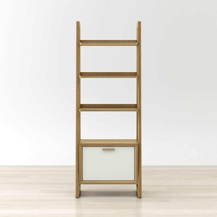 Brown Oak 5-Tier Ladder Bookcase with Storage Compartment