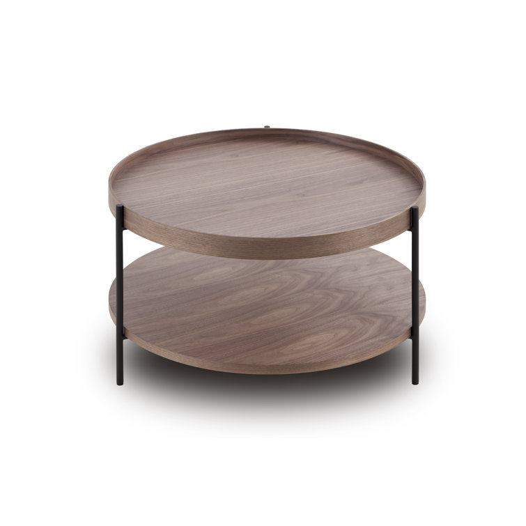 Walnut Round Solid Wood Coffee Table with Metal Legs and Storage