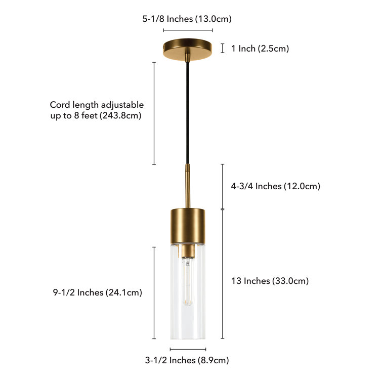 Clear Glass and Brass Single Light Cylinder Pendant