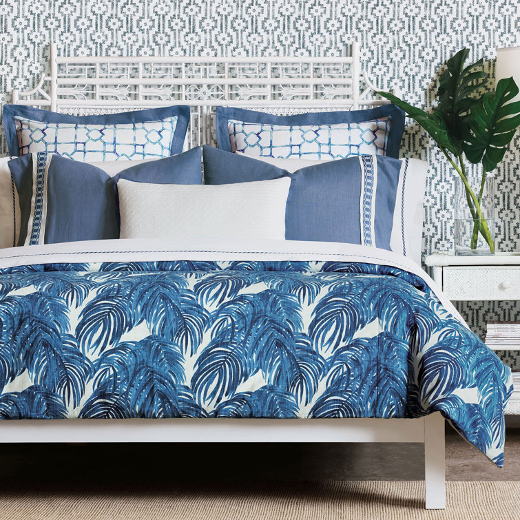 Malia Queen Cotton Coastal Blue Palm Leaf Duvet Cover