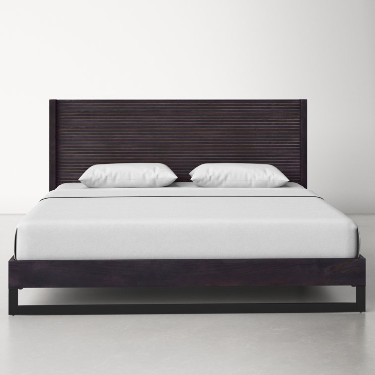 Contemporary Gray Pine King Platform Bed with Upholstered Headboard