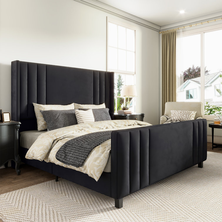 King Black Velvet Upholstered Platform Bed with Tufted Headboard