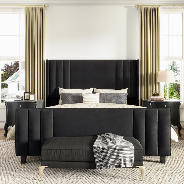 King Black Velvet Upholstered Platform Bed with Tufted Headboard