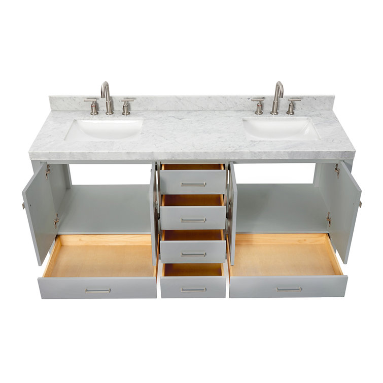 Cambridge 72'' Gray Wood Double Freestanding Bathroom Vanity with Carrara Marble Top