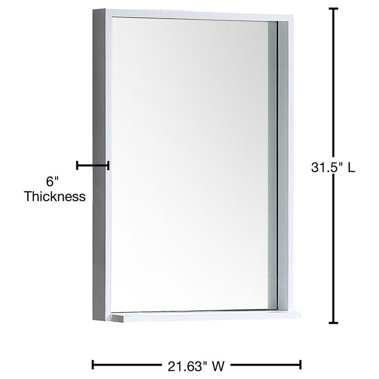 Modern Rectangular Frameless White Wood Vanity Mirror with Shelf