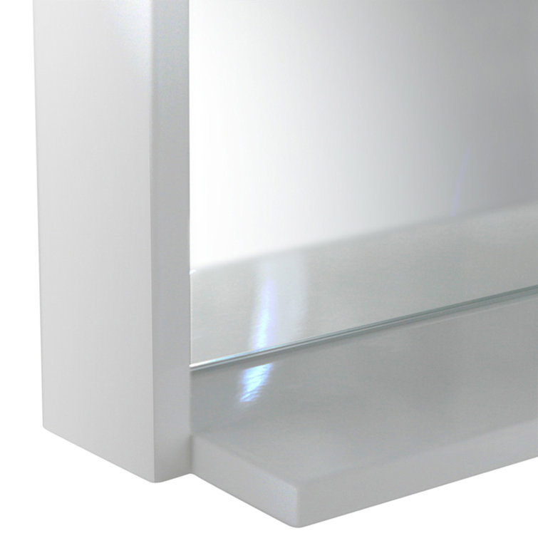 Modern Rectangular Frameless White Wood Vanity Mirror with Shelf