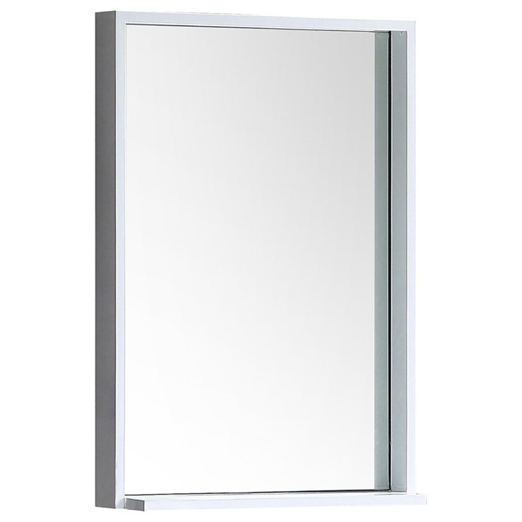 Modern Rectangular Frameless White Wood Vanity Mirror with Shelf