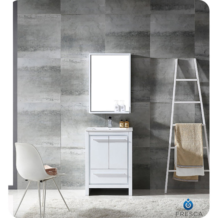 Modern Rectangular Frameless White Wood Vanity Mirror with Shelf