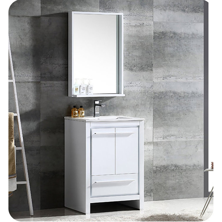 Modern Rectangular Frameless White Wood Vanity Mirror with Shelf