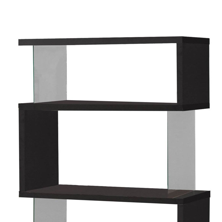 Contemporary Zigzag 63" Black Bookshelf with Glass Supports