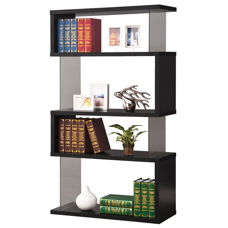 Contemporary Zigzag 63" Black Bookshelf with Glass Supports