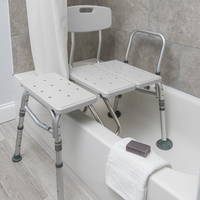 White Plastic and Aluminum Shower Transfer Bench with Curtain Guard