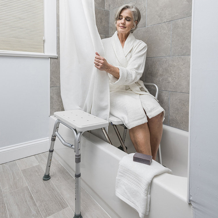 White Plastic and Aluminum Shower Transfer Bench with Curtain Guard