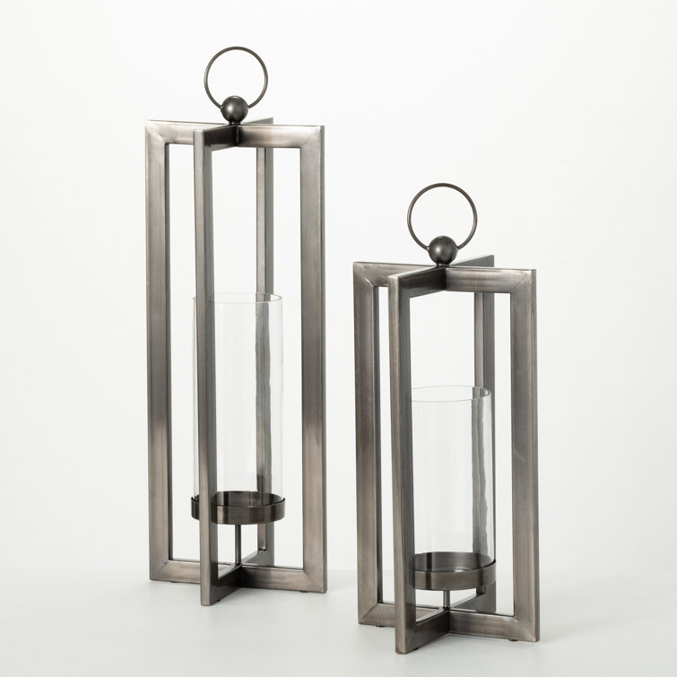 Brushed Nickel Metal Tabletop Hurricane Candle Holder Set