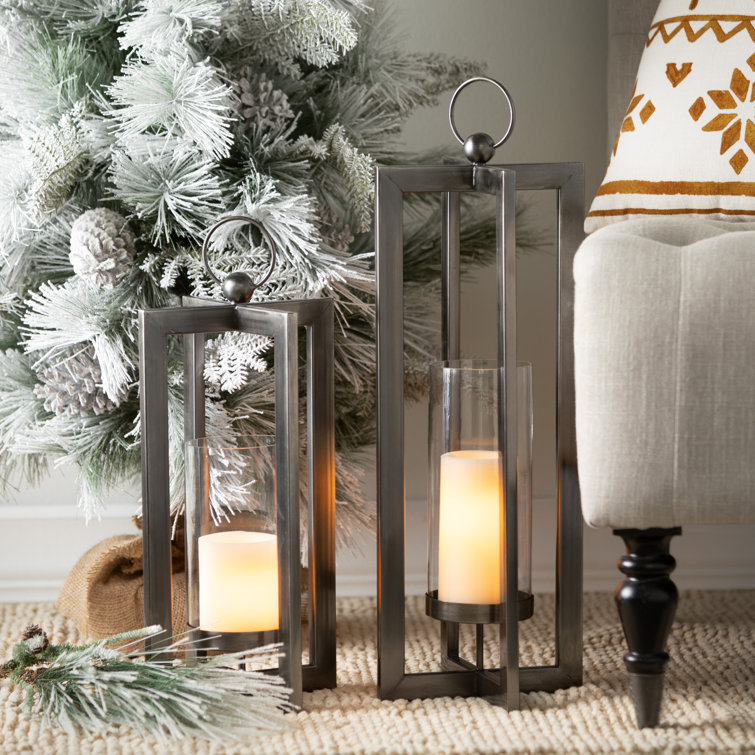Brushed Nickel Metal Tabletop Hurricane Candle Holder Set