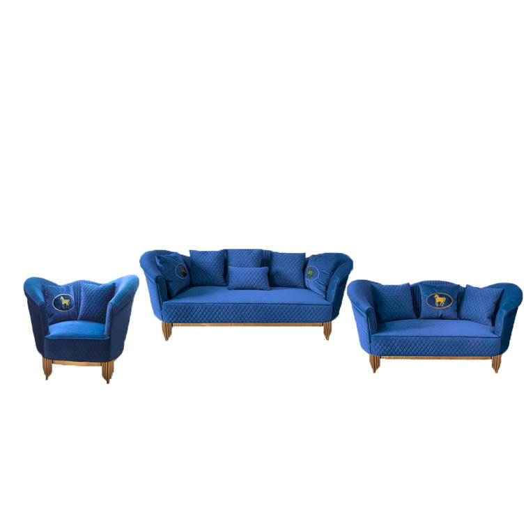 Blue Velvet Living Room Set with Gold Metal Legs