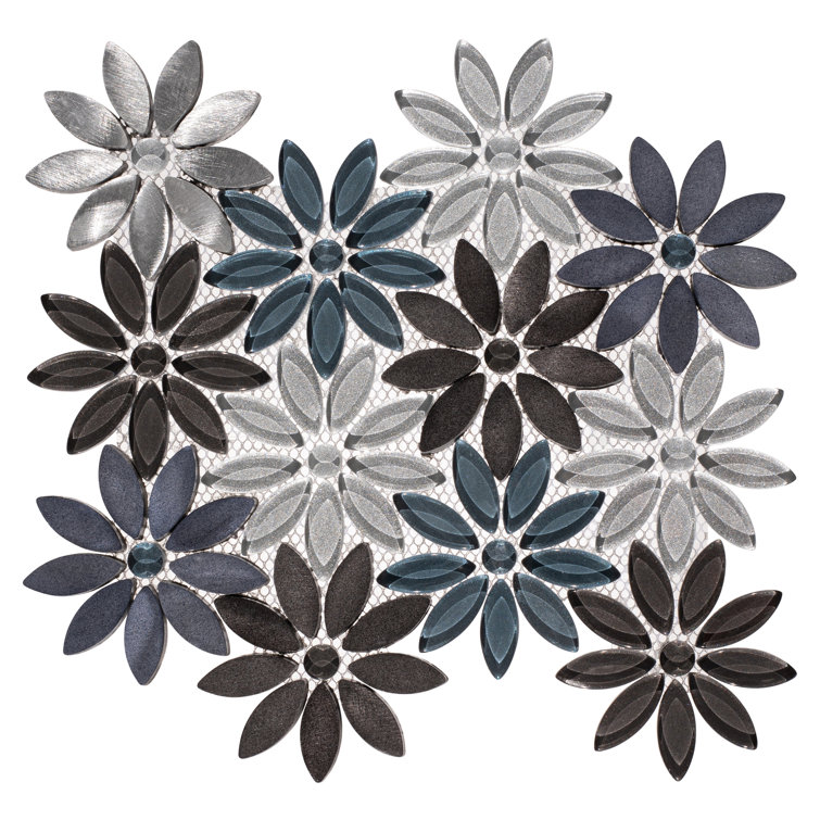 Fresh Blue and Black Flower Mosaic Tile Sheet