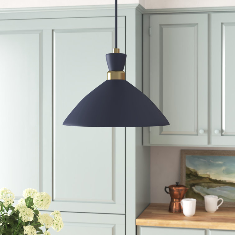 Matte Navy Metal Pendant Light with Brass Accents