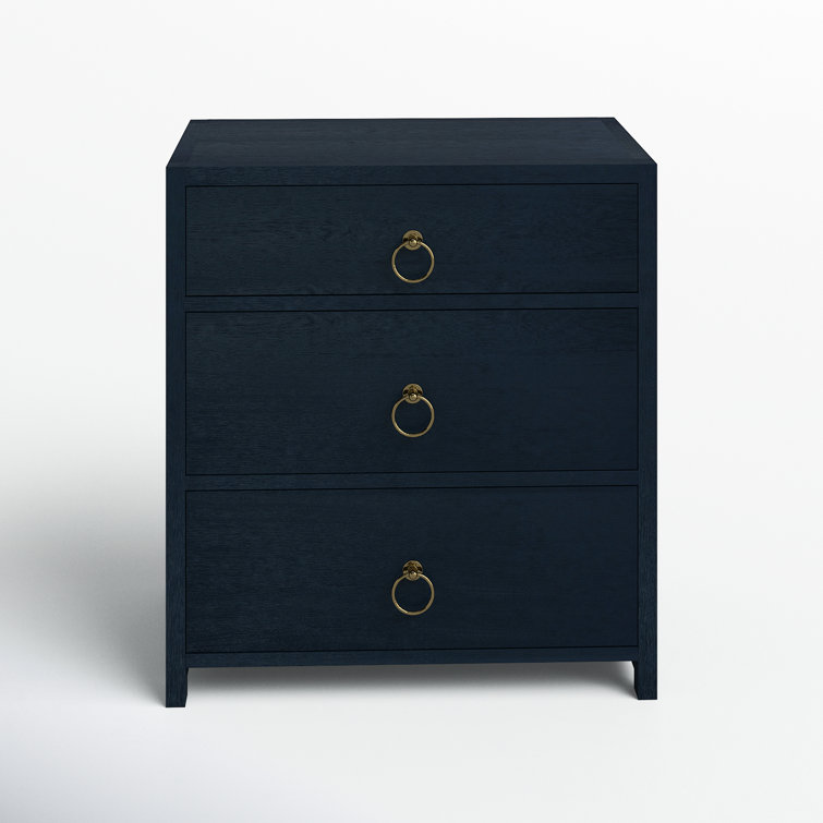 Navy Blue Acacia Wood 3-Drawer Nightstand with Gold Hardware