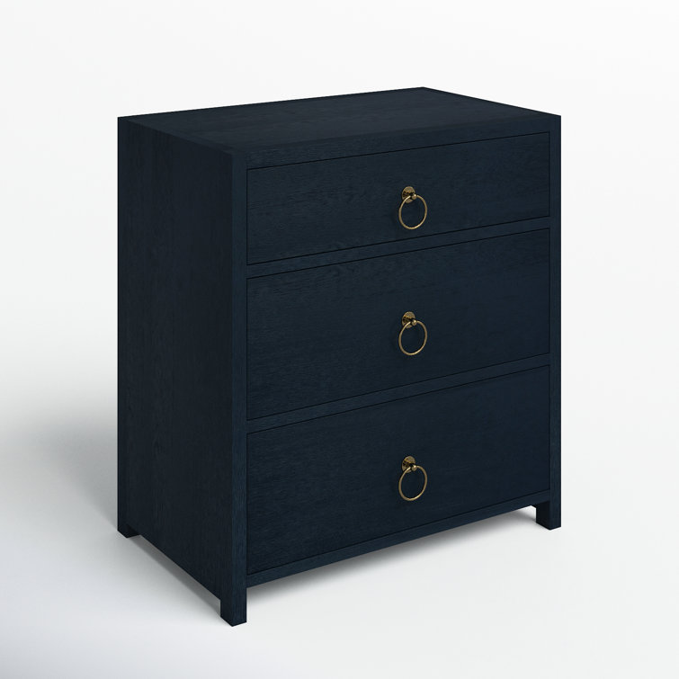 Navy Blue Acacia Wood 3-Drawer Nightstand with Gold Hardware