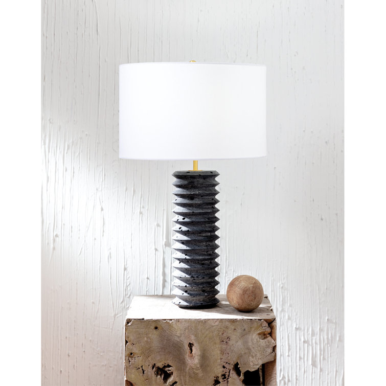 Noir Accordion Column 27" Black Travertine Lamp with Linen Shade