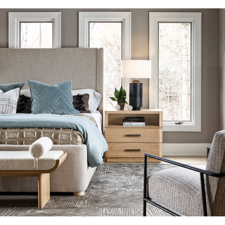 King Upholstered Wood Frame Bed in Solaz Sand and Tech Oak