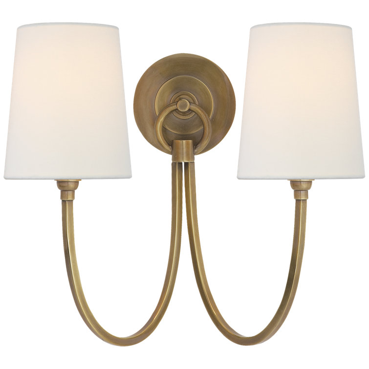 Hand-Rubbed Antique Brass 2-Light Sconce with Off-White Linen Shades