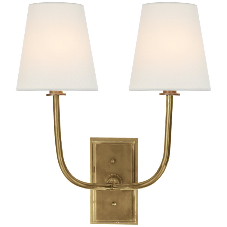 Antique Brass and Fabric Shade 2-Light Wall Sconce