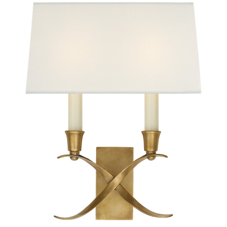 Antique Brass Double Light Sconce with Linen Shade
