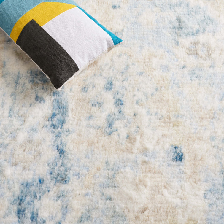Hand-Knotted Blue and Ivory Wool 6' x 9' Area Rug