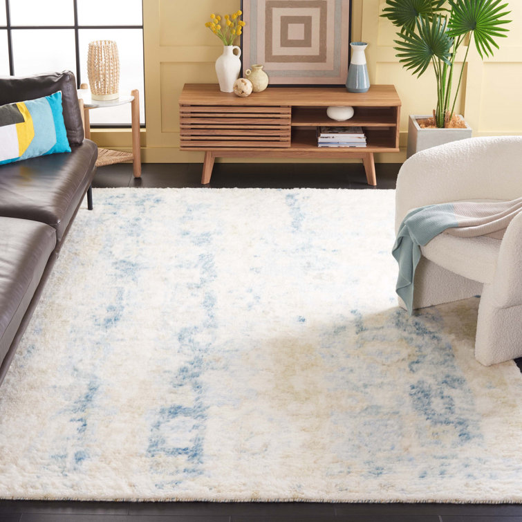 Hand-Knotted Blue and Ivory Wool 10' x 14' Area Rug