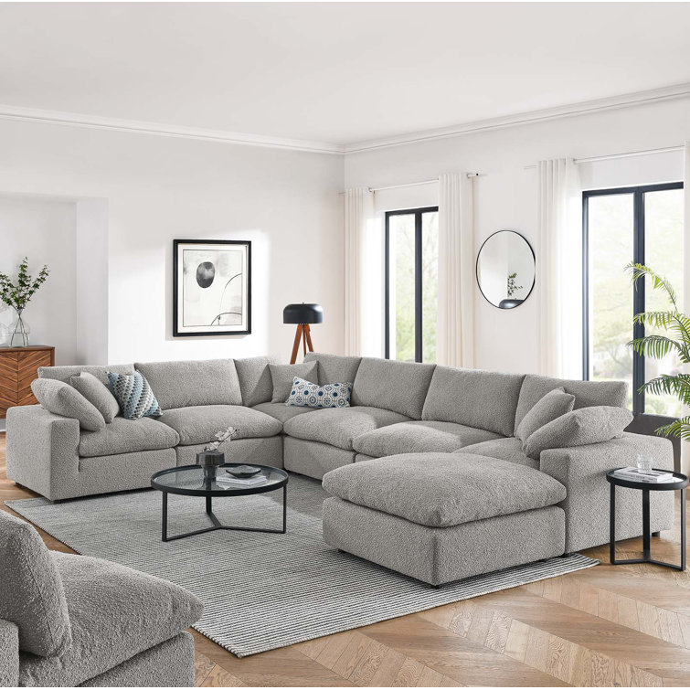 Light Gray Boucle Fabric 7-Piece Sectional Sofa with Ottoman