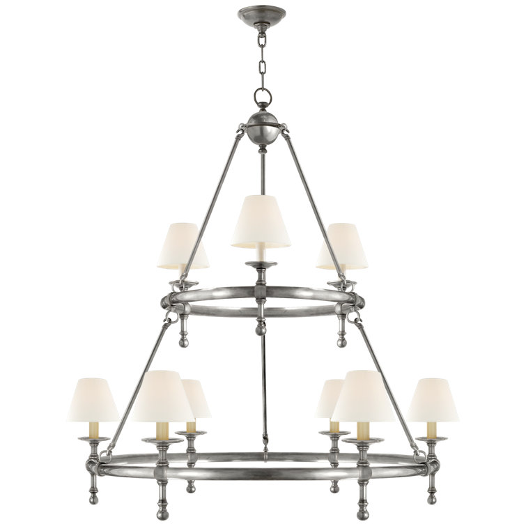 Hand-Rubbed Antique Brass Two-Tier Chandelier with Fabric Shades
