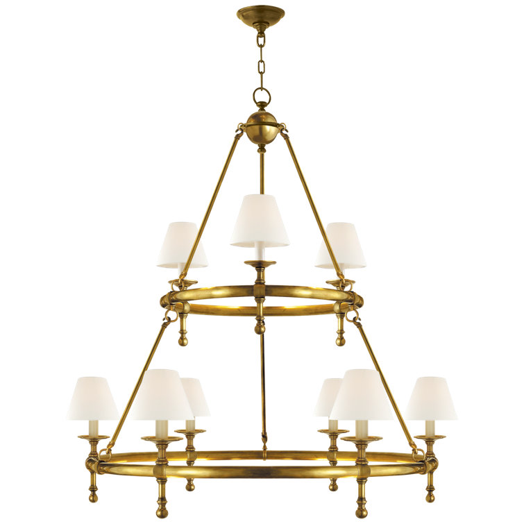 Hand-Rubbed Antique Brass Two-Tier Chandelier with Fabric Shades