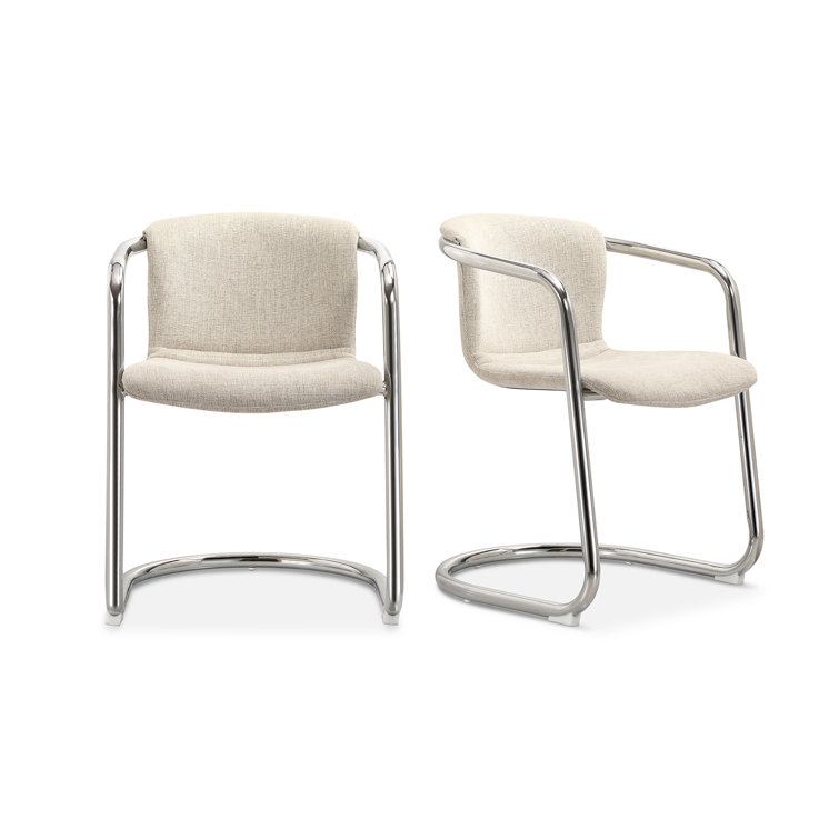 White Upholstered Metal Arm Chair with Chrome Finish, Set of 2