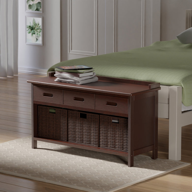 Adriana Walnut Storage Bench with Woven Baskets