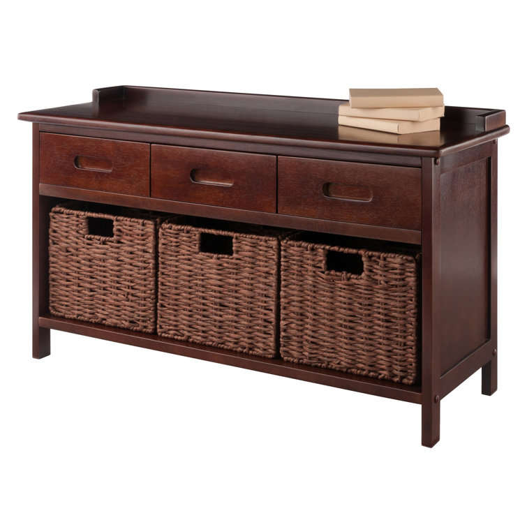 Adriana Walnut Storage Bench with Woven Baskets