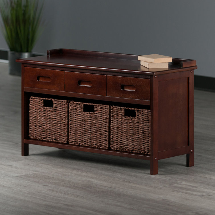Adriana Walnut Storage Bench with Woven Baskets