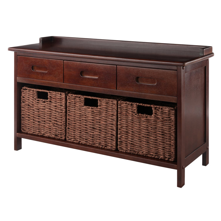 Adriana Walnut Storage Bench with Woven Baskets