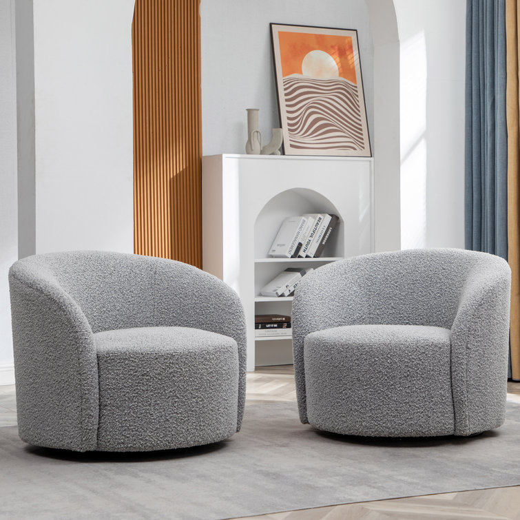34'' Gray Boucle Swivel Barrel Chairs with Round Arms, Set of 2