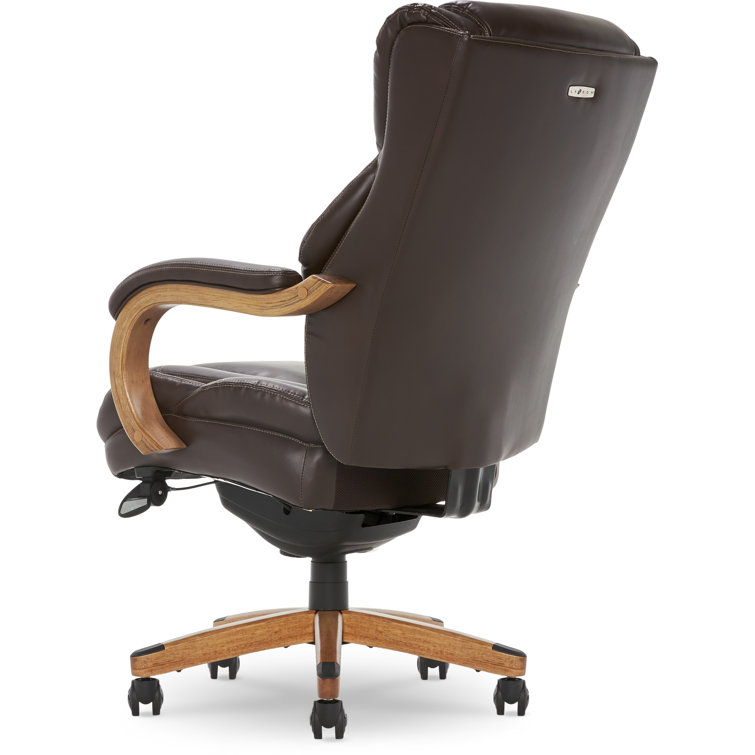 Luxury Coffee Brown Leather Executive Swivel Office Chair with Wood Base