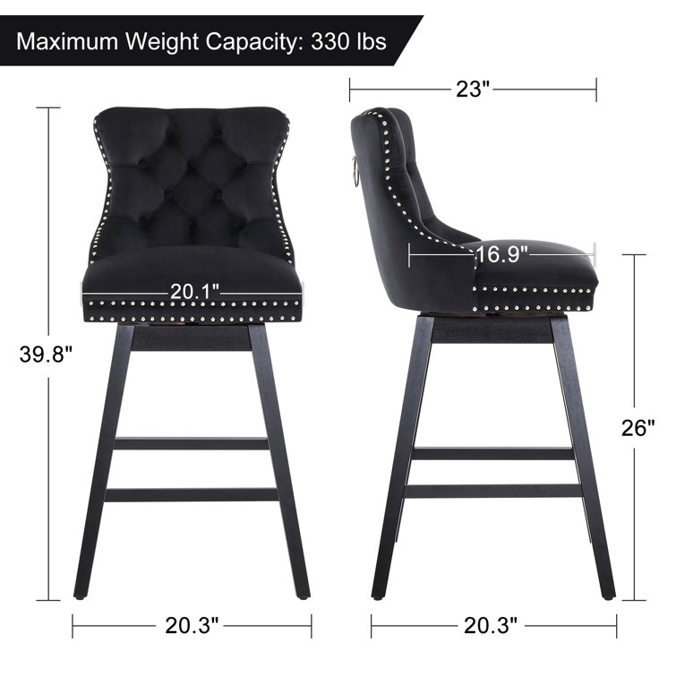 Black Velvet Upholstered Swivel Counter Height Stools with Wood Legs, Set of 4