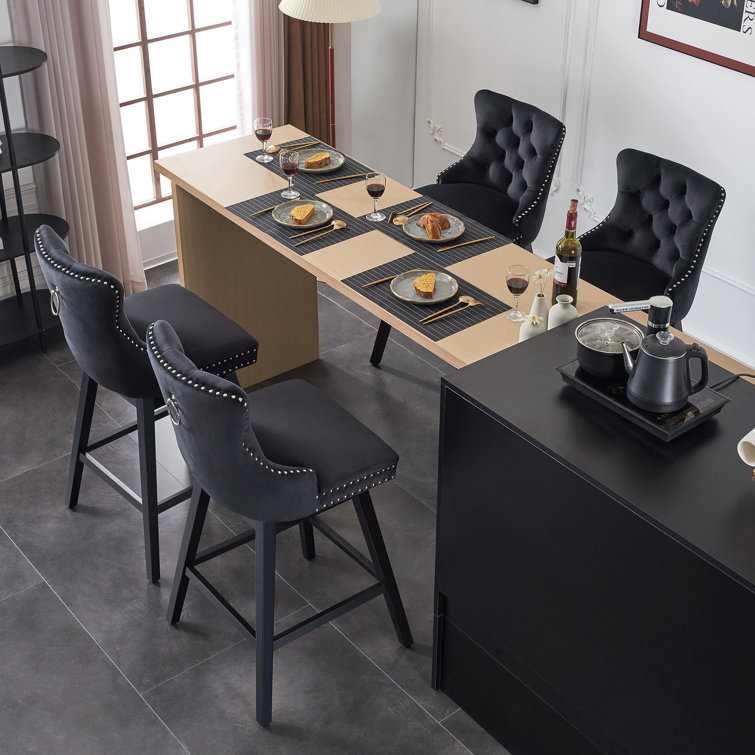 Black Velvet Upholstered Swivel Counter Height Stools with Wood Legs, Set of 4