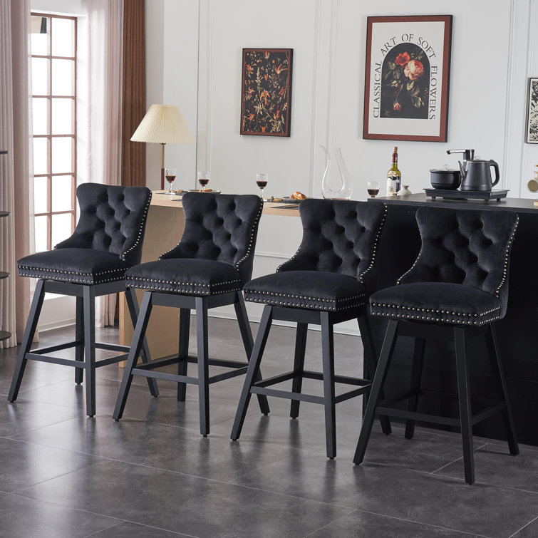 Black Velvet Upholstered Swivel Counter Height Stools with Wood Legs, Set of 4